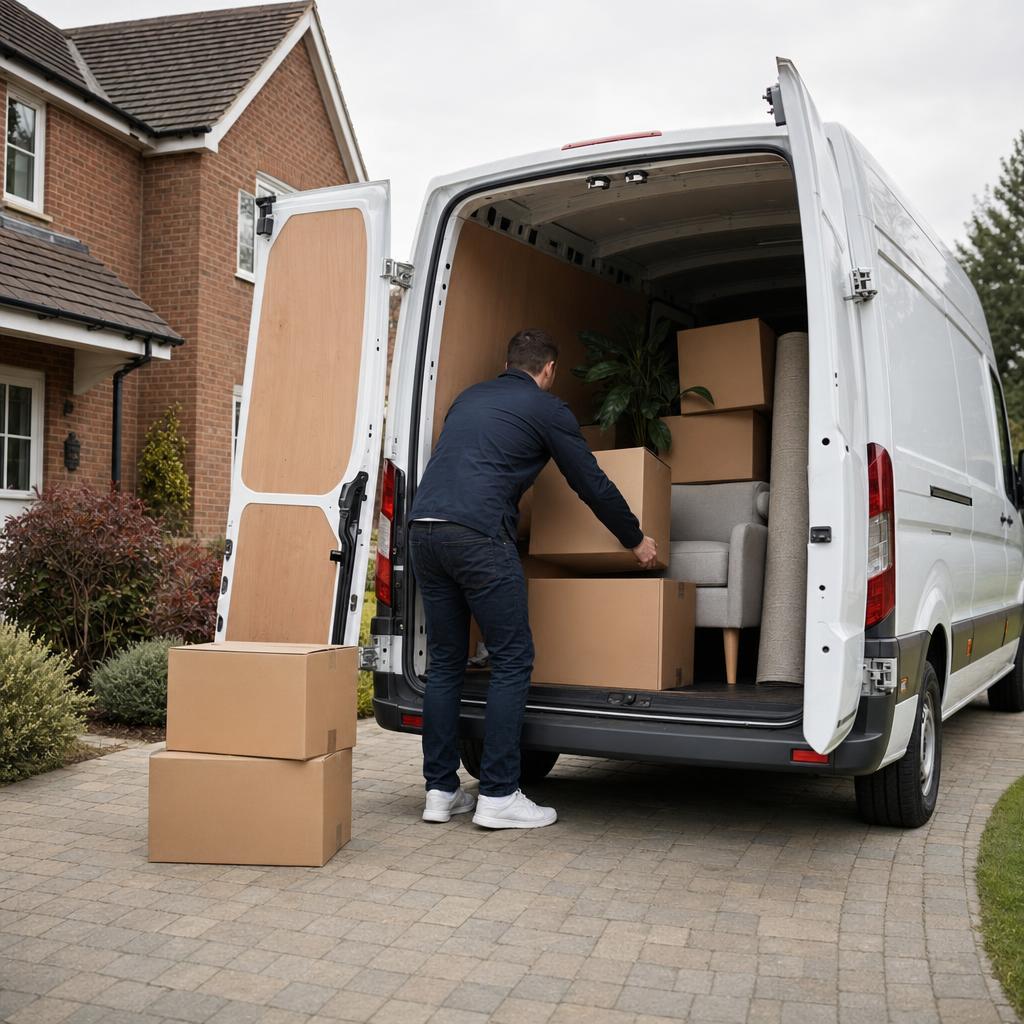 Person loading boxes into the rear of a hired van on a suburban driveway.