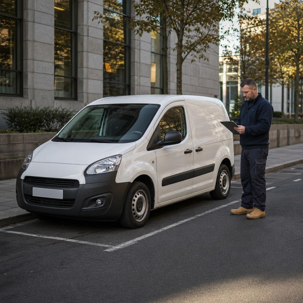 White van parked on a Plymouth city-centre street with a tradesperson beside it.