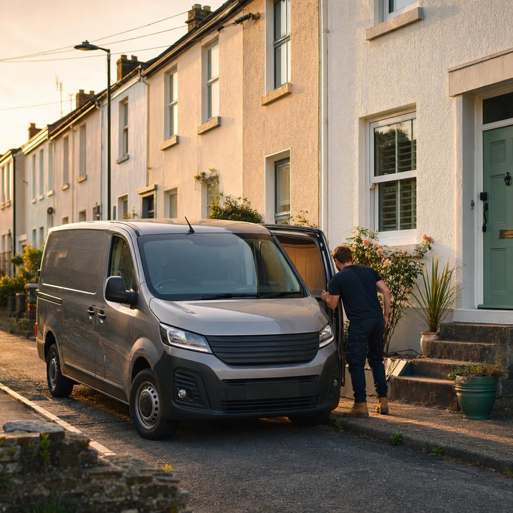 Van parked outside a terraced home in Saltash while the driver unloads supplies.