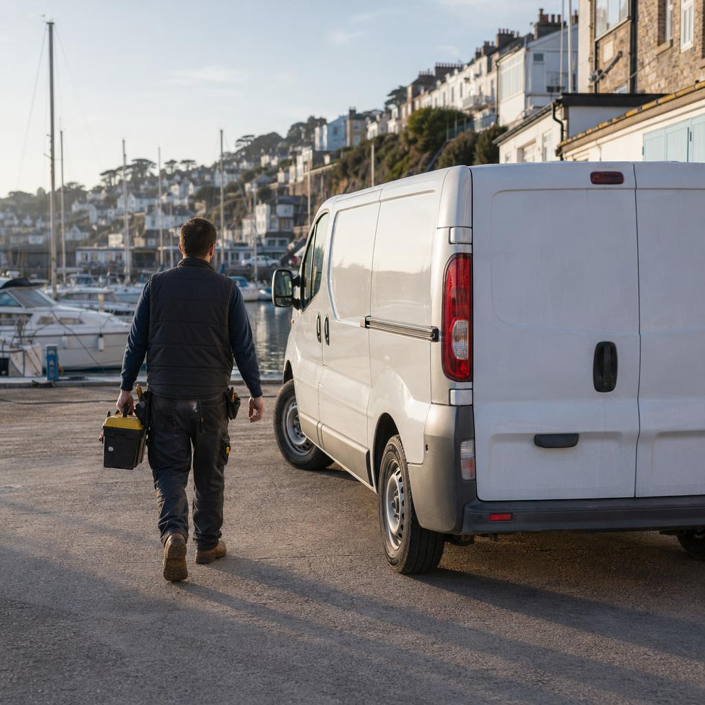 Trades van at a Torquay marina with a worker carrying tools.