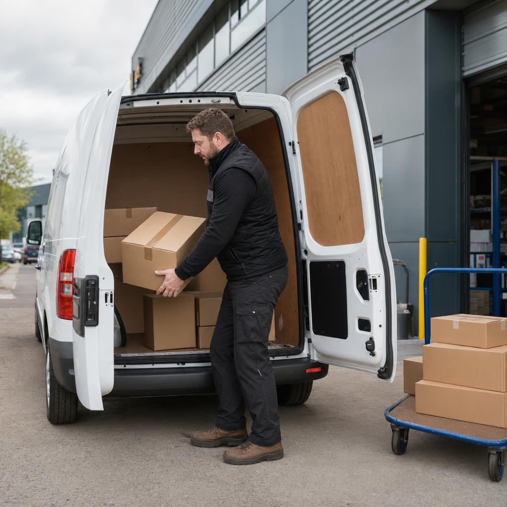 Business owner loading parcels into a hired van outside a commercial unit in Exeter.