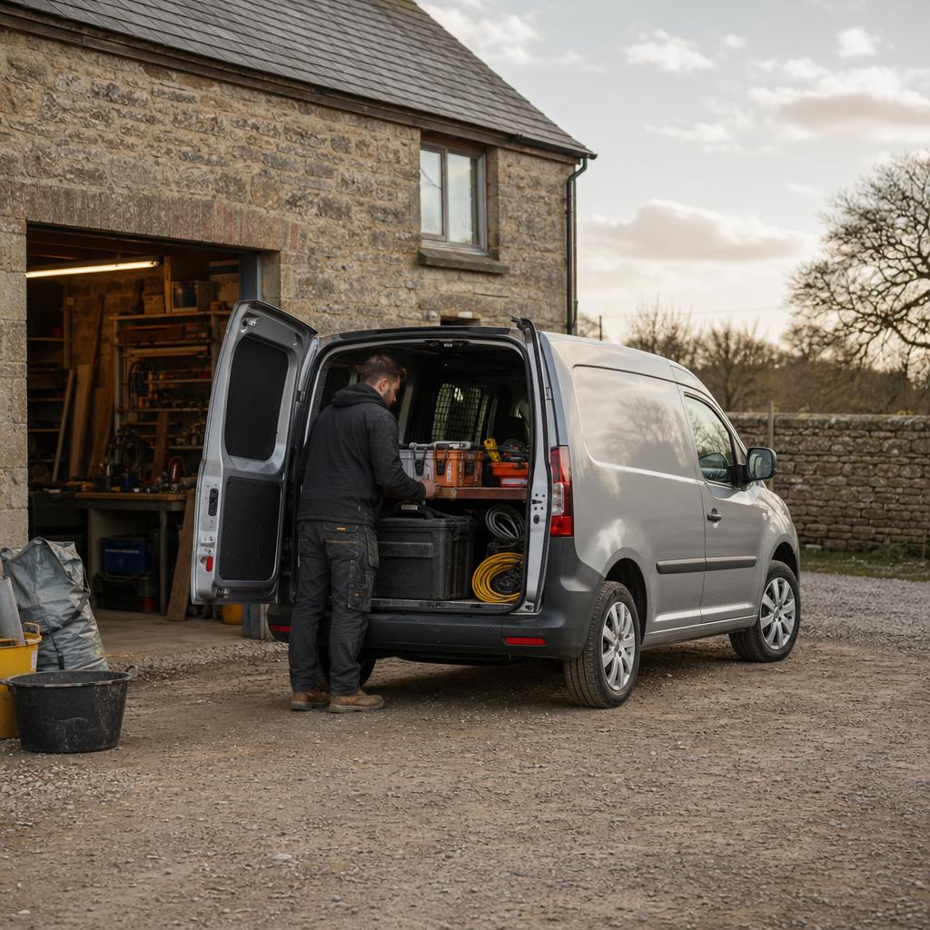 Tradesperson loading tools into a hired van in a rural Camborne yard.