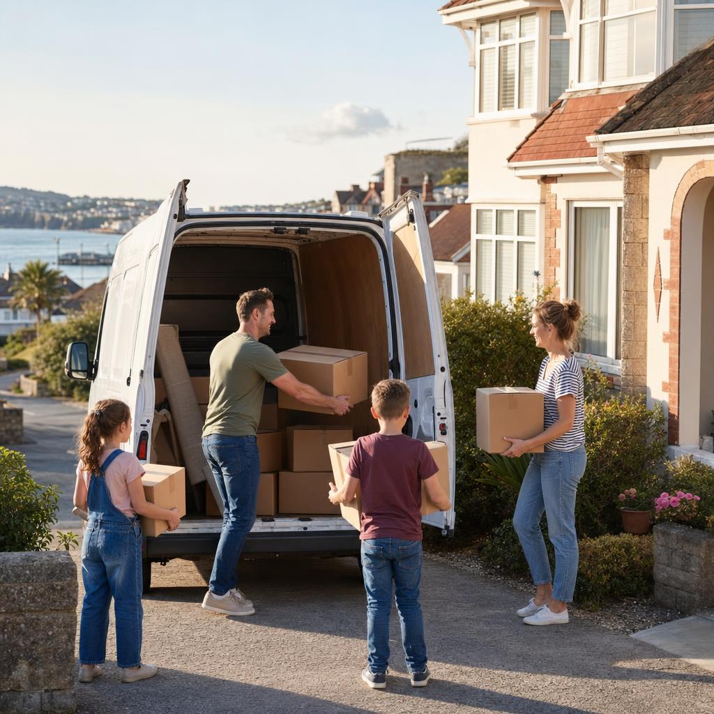 Family loading moving boxes into a hired van outside a Paignton home.