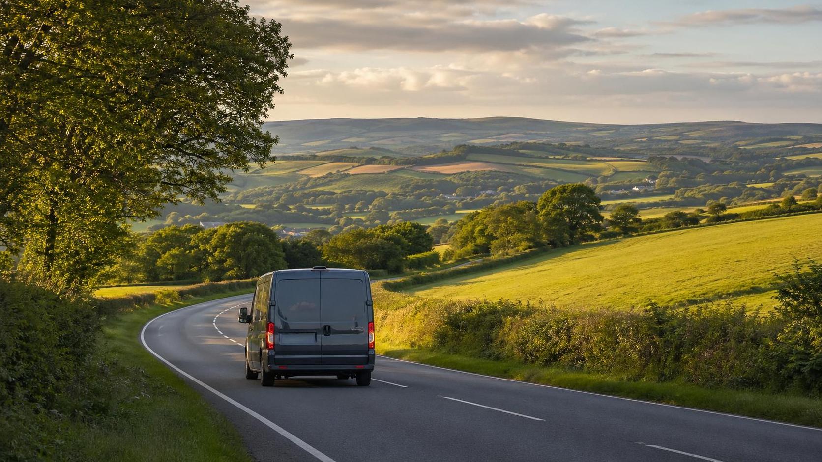 Country road near Ivybridge bordered by farmland and trees under late afternoon light